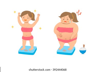 big fat woman on the weighing-machine.vector art set.