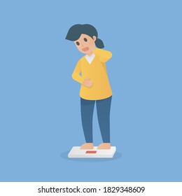 big fat woman standing on an electronic scale for weighing body weight,she was shocked by the weight yourself gain,Health care concept,Vector illustration.