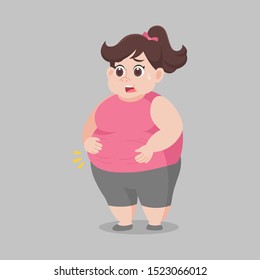 Big Fat woman worry about her body looks over weight, sad, afraid, unhappy, big size, diet unhealthy cartoon, lose weight, Lifestyle healthy Healthcare concept cartoon character flat vector design.