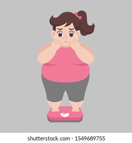 Big Fat woman worry standing on electronic scales for weight Body weight Healthcare concept cartoon Healthy character flat vector design.