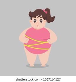 Big Fat Woman Worry Wearing Pink Bikini Tape Measure, Healthcare Concept Cartoon Healthy Character Flat Vector Design.