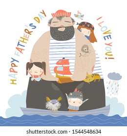 Big father sailing with children and animals at their ship