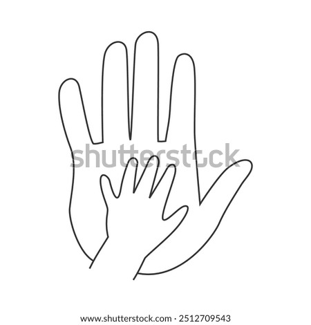 big fathers hand holding child palm. caring parent hands. family relationship and protection. line vector illustration isolated