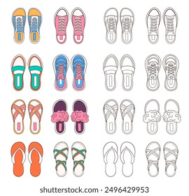 Big Female shoes collection in line art style. Footwear design for coloring book. Vector illustration isolated on a white background.