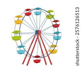 Big ferris wheel in flat design. Amusement park attraction, circle carousel. Vector illustration isolated.