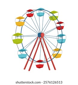 Big ferris wheel in flat design. Amusement park attraction, circle carousel. Vector illustration isolated.