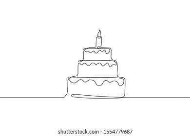 Big festive cake with liquid cream or chocolate and flaming candle on top in style of one continuous line black color. Self drawing