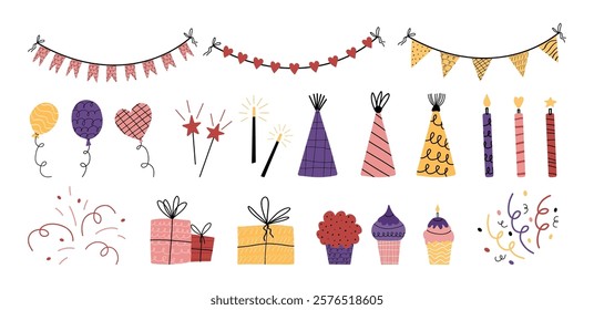 Big festive collection for birthday, for holiday. Cute various elements with texture isolated on white background. Cupcake, cake, gift, crackers, fireworks, flags