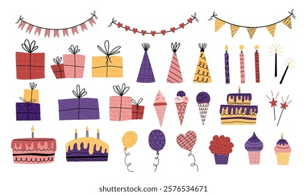 Big festive collection for birthday, for holiday. Cute elements with texture isolated on white background. Cupcake, cake, gift, crackers, fireworks, flags