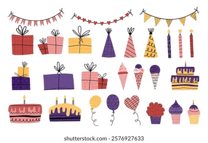 Big festive collection for birthday, for holiday. Cute elements with texture isolated on white background. Cupcake, cake, gift, crackers, fireworks, flags
