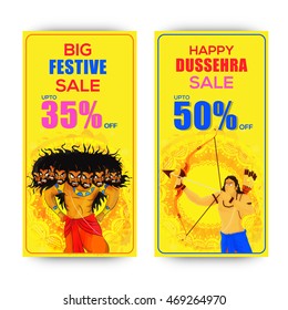 Big Festive Sale with 35% Off, Happy Dussehra Sale Website Banner set, Vector illustration of Lord Rama and Angry Ravana.