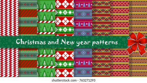 Big festive  set of cute multicolor Christmas or New Year seamless patterns for design. Vector illustration, backgrounds, templates. 