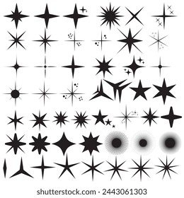 Big file of Retro futuristic sparkle icons collection. Set of star shapes. Abstract cool shine effect sign vector design. Stars collection. Star vector icons. Black set of Stars.  Vector illustration.