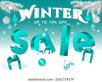 Big final WINTER Sale. Big blue-green metal 3D letters SAIL in snowdrifts with gift boxes and balls with 30 and 50% discount. Up to 70% off, banner template with Christmas and holiday elements.