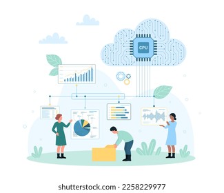 Big financial data analysis service vector illustration. Cartoon tiny people work with cloud computer system and circuit connections to analyze trades, economy circulation in data charts and graphs