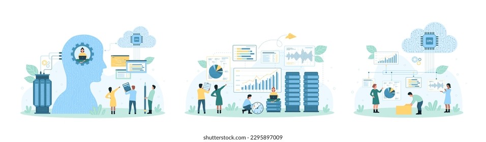 Grandes datos financieros, análisis de comercio e ilustración vectorial. Las personas diminutas de las caricaturas analizan las estadísticas del mercado de valores, gráficos y gráficos con servicio y software de análisis en la nube, inteligencia artificial