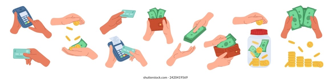 Gran conjunto financiero. Armas con billetes de papel, monedas, tarjetas bancarias, terminal de pagos. Gastar, pagar, dar dinero. Ilustración dibujada a mano por concepto financiero aislada en fondo blanco.