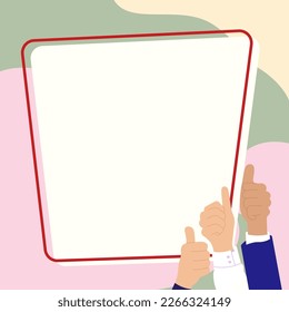 Big finger raised up pointing to whiteboard with important information. White text holder behind hands contains main message. Empty speech bubble on bright colored background.