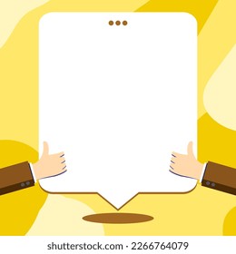 Big finger raised up pointing to whiteboard with information. White text holder behind hands contains main message. Empty speech bubble on bright colored background.