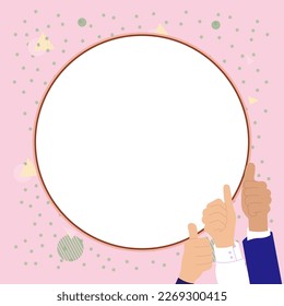 Big finger raised up pointing to whiteboard with important information. White text holder behind hands contains main message. Empty speech bubble on bright colored background.