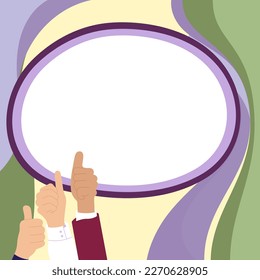 Big finger raised up pointing to whiteboard with important information. White text holder behind hands contains main message. Empty speech bubble on bright colored background.