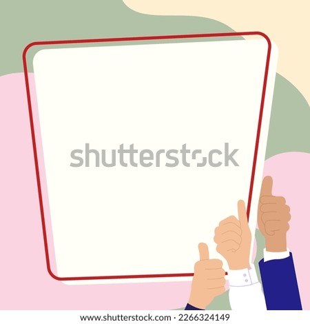Big finger raised up pointing to whiteboard with important information. White text holder behind hands contains main message. Empty speech bubble on bright colored background.