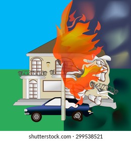 big fire - burning house car a lot of fire and smoke
