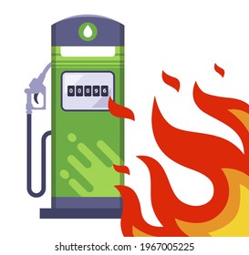 big fire next to the gas station. through the sound situation next to the gas station. flat vector illustration.