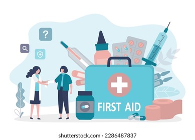 Big first aid bag. Doctor provides first aid to the injured woman. Unhappy patient with fracture or injury to arm, nurse applies bandage or plaster. Emergency, traumatology, fast medical care. vector