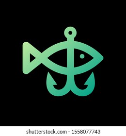 Big fish catch vector logo template. Fishing club or fisher market and fishery industry isolated icon or sign of tuna or salmon fish on rod hook.
