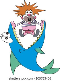 Big fish caught small clown. Color vector illustration.