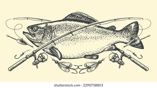 Big fish, crossed rods and tackle emblem. Fishing, outdoor sports lifestyle concept, sketch vintage vector illustration