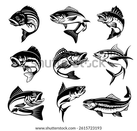 Big fish with curved tail black minimalist silhouette set vector flat illustration. Underwater swimming marine animal with fin monochrome sea life tuna trout salmon seafood fishing