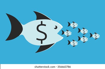 Big fish with dollar sign eating many small ones. Competition, merger, business, monopoly concept. EPS 8 vector illustration, no transparency