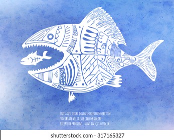 Big fish eat little fish. Hand drawn vector illustration on the blue watercolor texture 