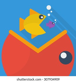 Los peces grandes comen pequeños peces. ilustración vectorial