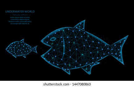 Big fish eat small low poly design, predator and prey abstract geometric image, underwater world wireframe mesh polygonal vector illustration made from points and lines on black background