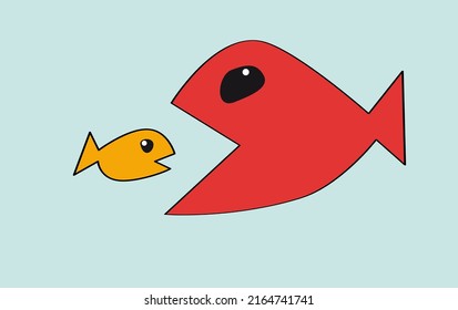 Big Fish Eat Small Fish. Metaphor Of Multinational Company That Makes Small Companies And Manufacturing Companies Die. Vector Drawing