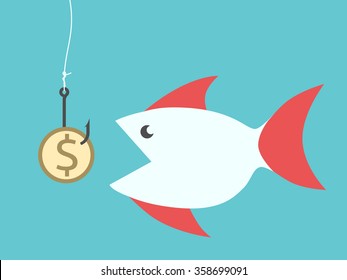 Big fish eating golden dollar coin bait hanging on hook on fishing line. EPS 8 vector illustration, no transparency
