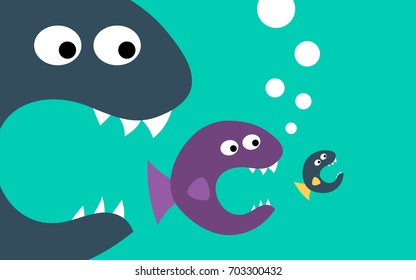 Big fish eating little fish, simple flat vector illustration in bright colors