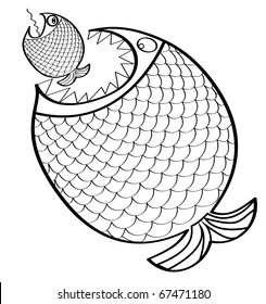 Big fish eating a little fish. Vector illustration.