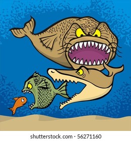 Big fish eats small cartoon illustration.