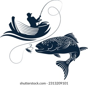 Big fish and fisherman in a boat, design for fishing