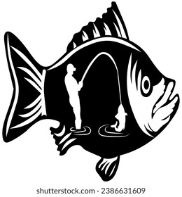 Big Fish and Fisherman, Hand Drawn Vector Illustration
