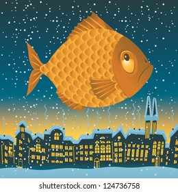 big fish flies through the sky on the roofs of the old town