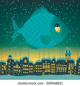 big fish flies through the sky on the roofs of the old town