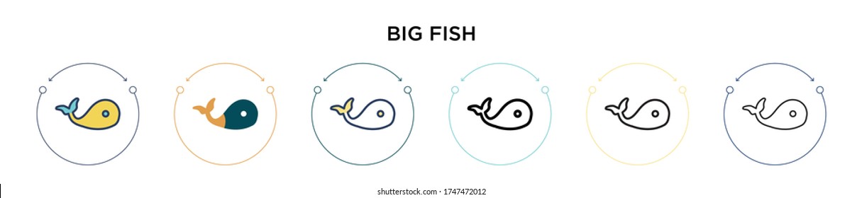 Big fish icon in filled, thin line, outline and stroke style. Vector illustration of two colored and black big fish vector icons designs can be used for mobile, ui, web