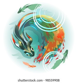 A big fish with a long multi colored tail and three small fishes whirls in the water.
