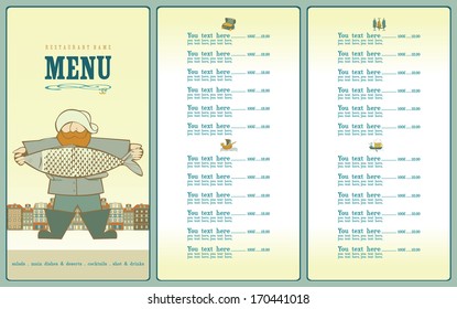 Big fish menu. Restaurant menu contains the images of sailor who hold the big fish in his hand, a town  and a  place for  the text.