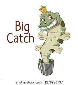 Big fish Pike in a bucket cartoon character in vector. Happy fishing!
